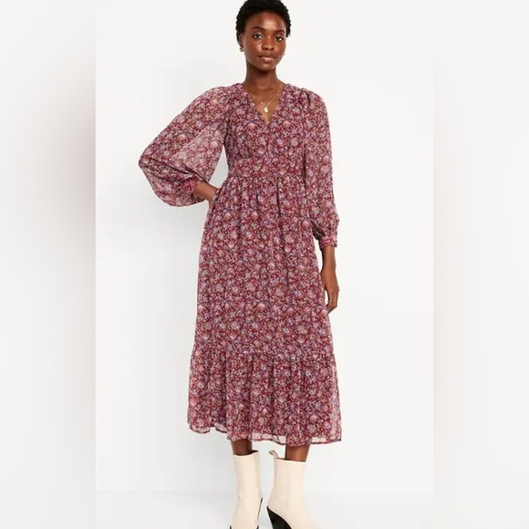 Old Navy Waist-Defined Ditsy Floral Chiffon Sheer Prairie Feminine Maxi Dress L - Picture 1 of 10